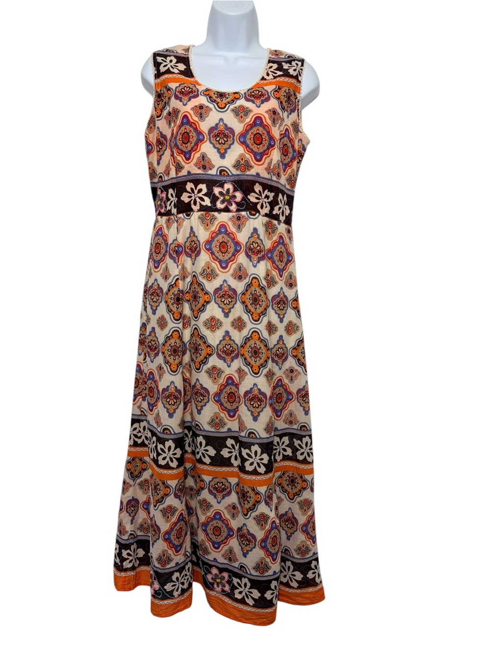Magic Boho Embroidered Floral Medallion Midi Dress Sleeveless Lined Size M